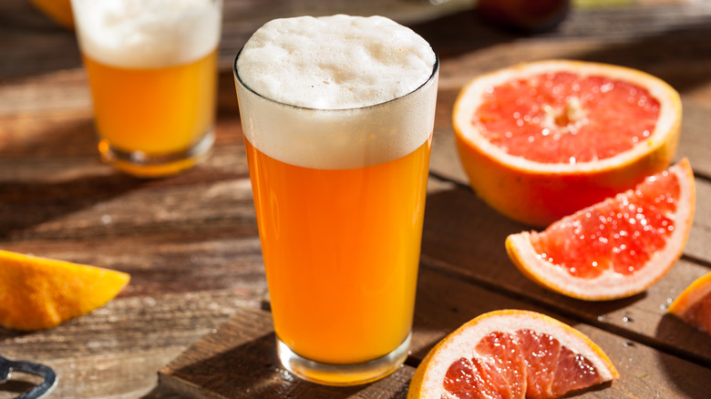 Sour grapefruit beer surrounded by sliced grapefruit