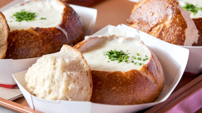 San Francisco-style clam chowder in a serving tray