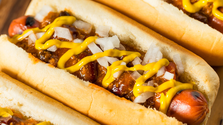 Several Coney Island-style hot dogs