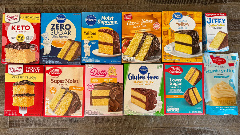 Cake mix boxes on wooden table
