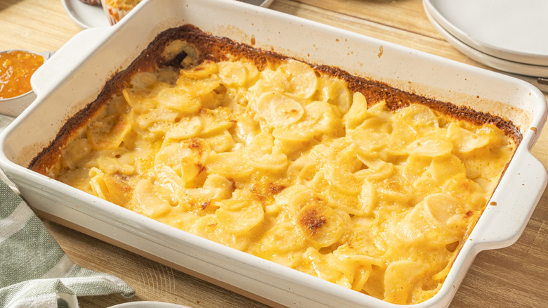 scalloped potatoes in a casserole dish