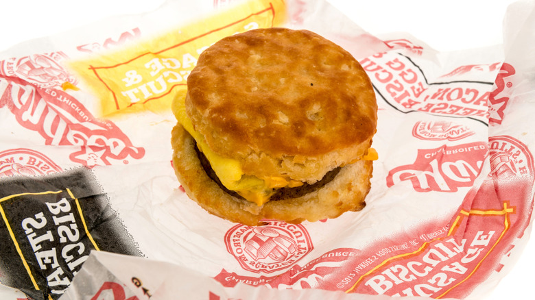 Hardee's breakfast biscuit sandwich in wrapping paper