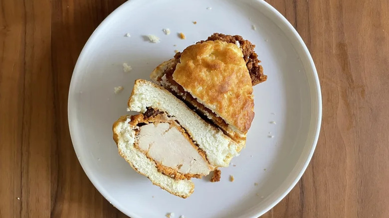 A cross section of Hardee's breaded chicken sandwich