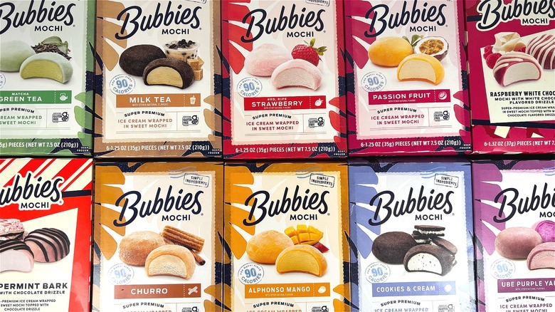 Ten different flavors of Bubbies mochi on a store shelf