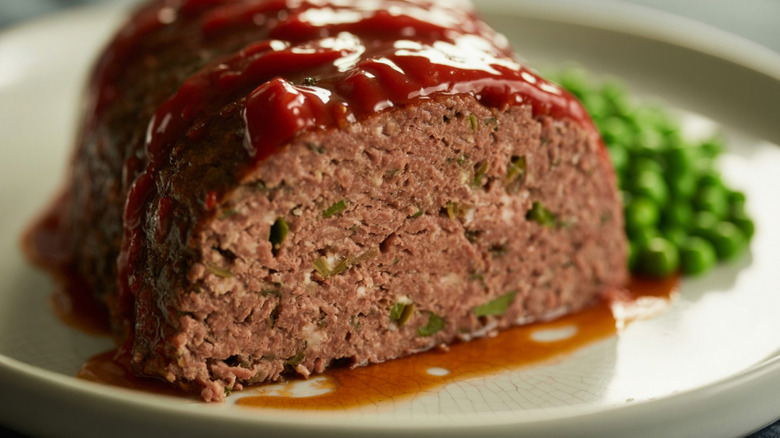 Cut meatloaf with a ketchup glaze on a white plate next to green peas
