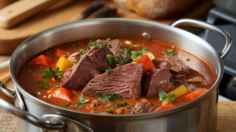 A stainless steel pot of stew on a table next to a loaf of freshly baked bread