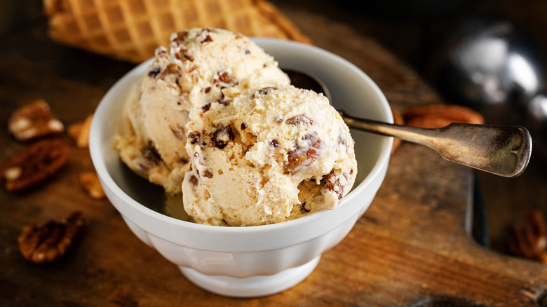bowl of butter pecan ice cream