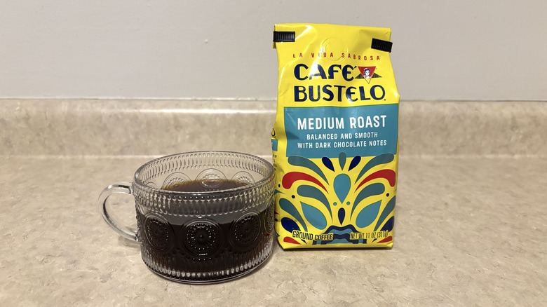 Café Bustelo medium roast in cup and package