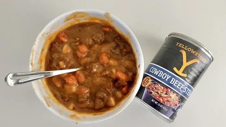 Bowl and can of Yellowstone Cowboy Beef Stew