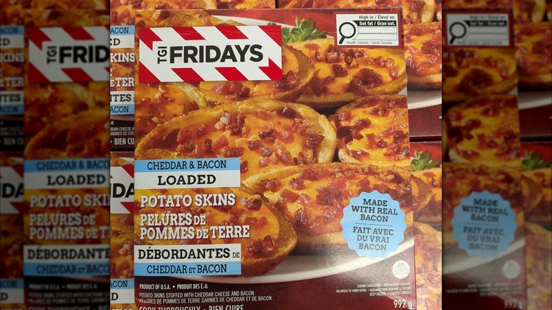 Front of box of TGI Fridays' frozen loaded potato skins, with mirror border