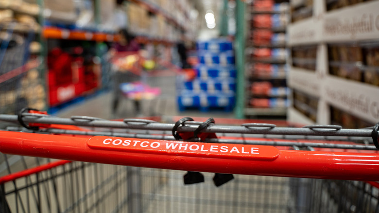 Close-up of Costco Wholesale shopping cart inside warehouse aisle