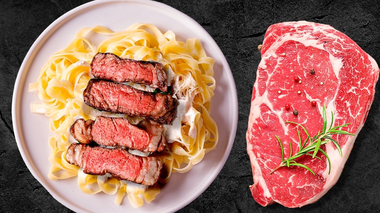 steak on pasta