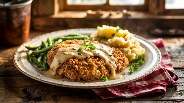 a plate of chicken-fried steak with white sauce, green beans and mashed potatoes, served on a rustic wooden table with a red gingham kitchen towel beneath the plate and a rough window opening to the rear