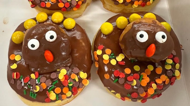 Donuts decorated as turkeys
