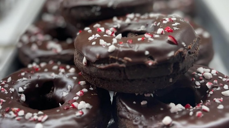 Chocolate peppermint donuts stacked