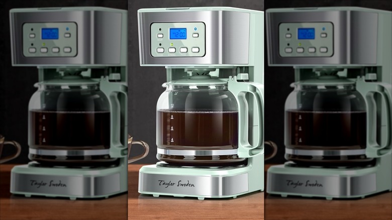 Taylor Swoden 12-cup programmable coffee maker filled with coffee