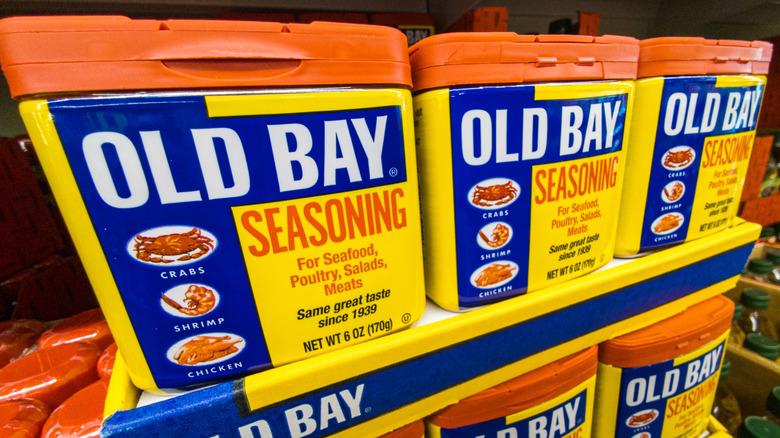 Containers of Old Bay on the store shelf