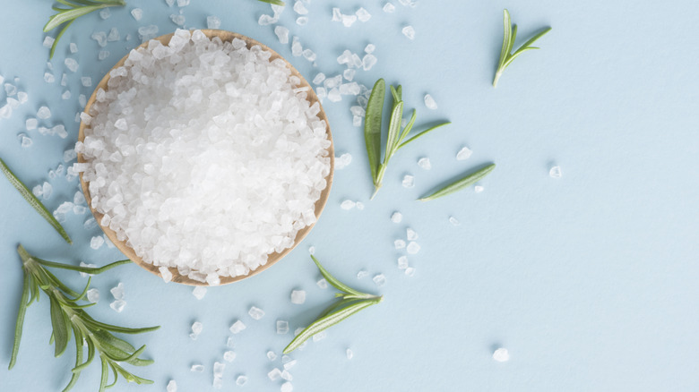 Dish of sea salt and rosemary leaves on light blue background