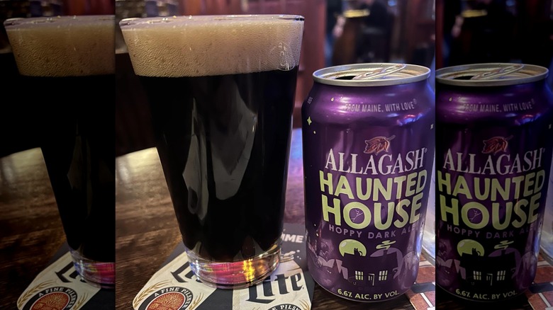 Can of Allagash Haunted House beside glass filled with beer