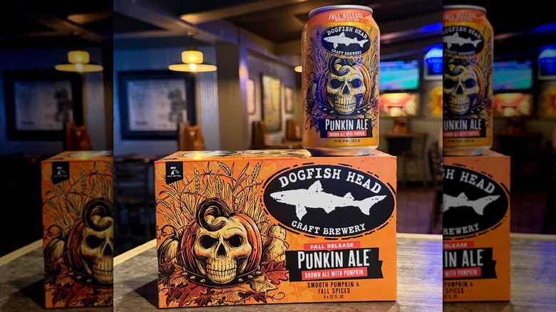 Single Dogfish Head Punkin Ale can standing atop 6-pack of beer