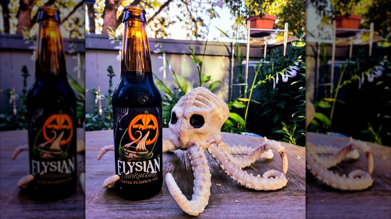 Skeleton octopus on table alongside Elysian Punkuccino bottle