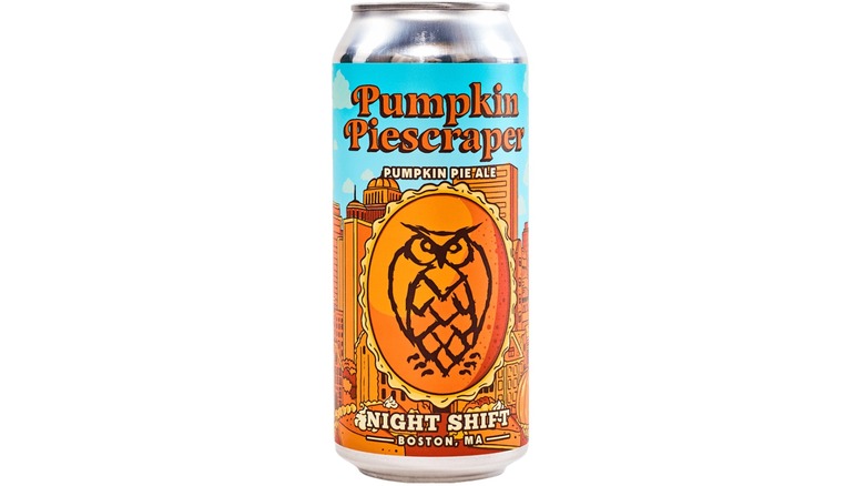 Front view of Pumpkin Piescraper can with city skyline and owl illustration