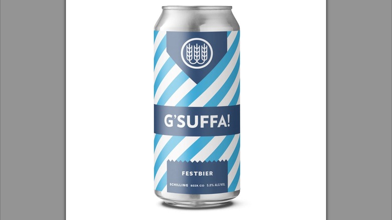 G'Suffa! can bearing the blue and white stripes associated with Oktoberfest