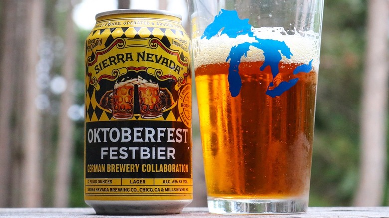 Can of Sierra Nevada Oktoberfest Festbier alongside glass filled with beer