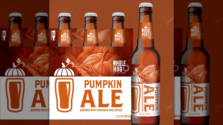6-pack of Whole Hog Pumpkin Ale with one bottle in foreground