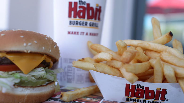 Habit Burger & Grill burger, drink, and fries on outside tray