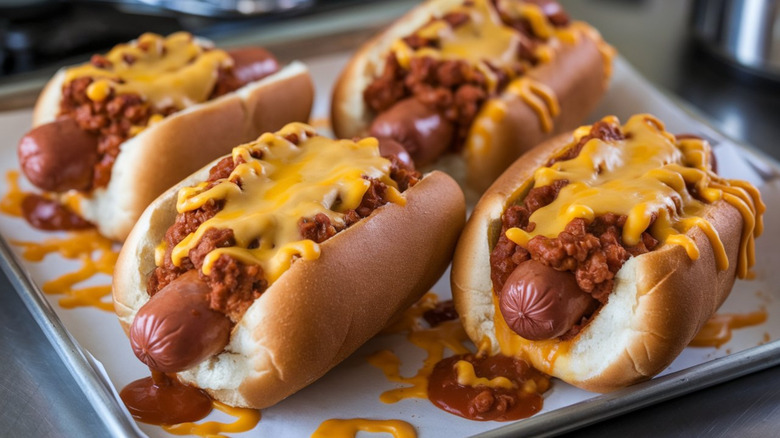Four chili cheese dogs arranged on a platter