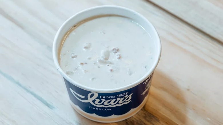 Clam chowder in a blue cup from Ivar's