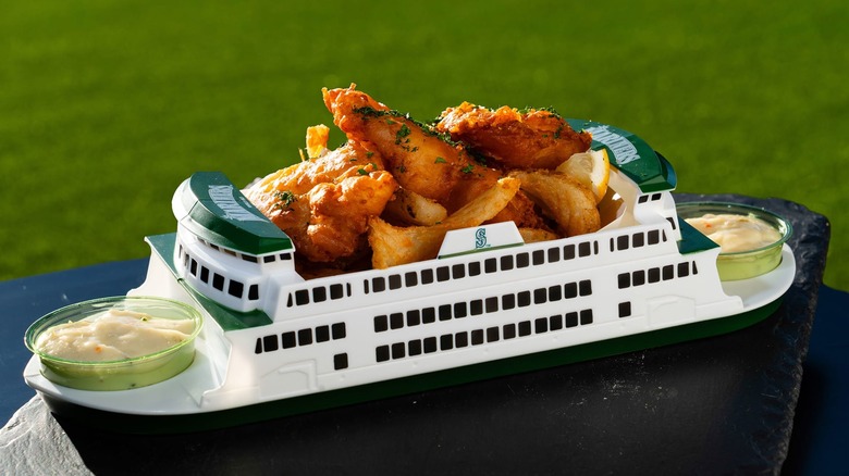 Ferry boat container holding fish and chips inside