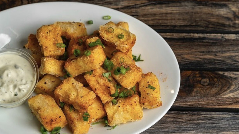 Spiced tofu cubes with dipping sauce at T-Mobile Park