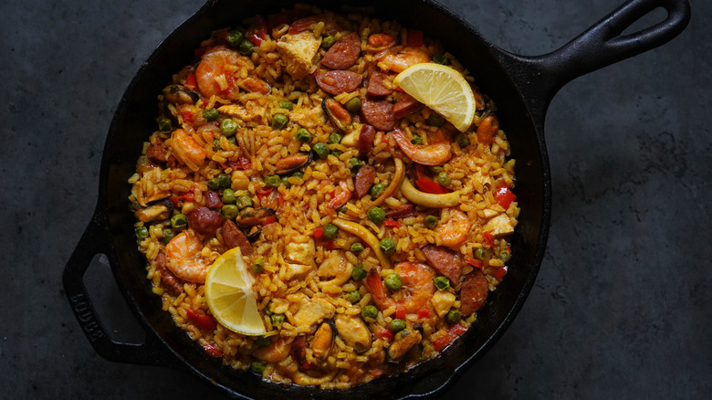 cast iron pan of jambalaya