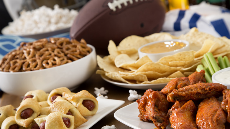 assortment of football game day food