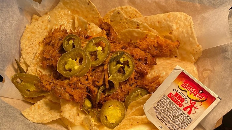 plate of bbq pork nachos