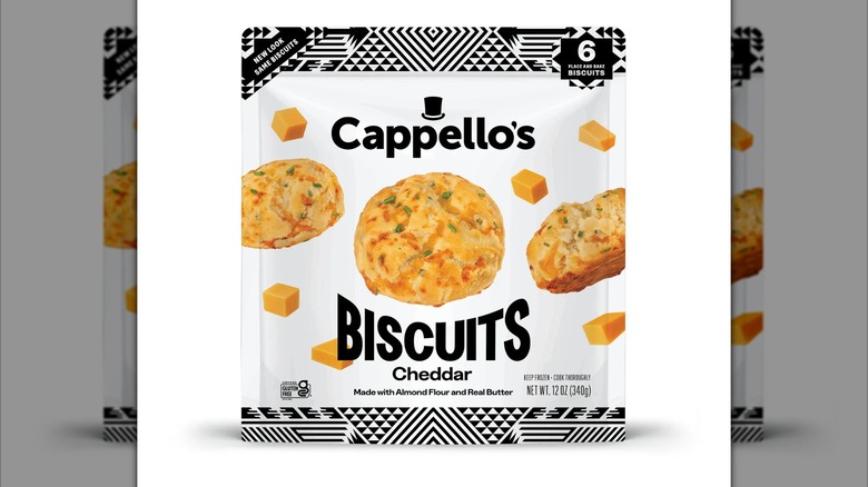 Bag of Cappello's Cheddar Biscuits on white background.