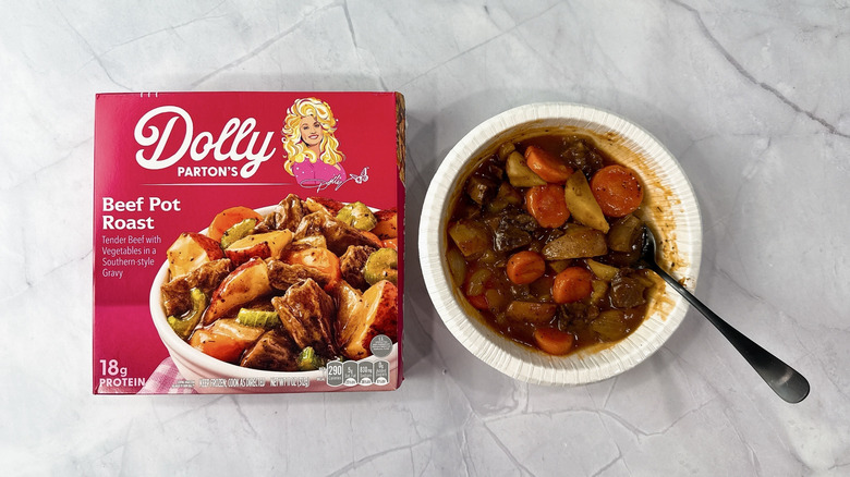 Bowl of Dolly Parton's Beef Pot Roast next to box