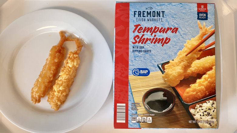 Aldi's tempura shrimp in a box and on plate