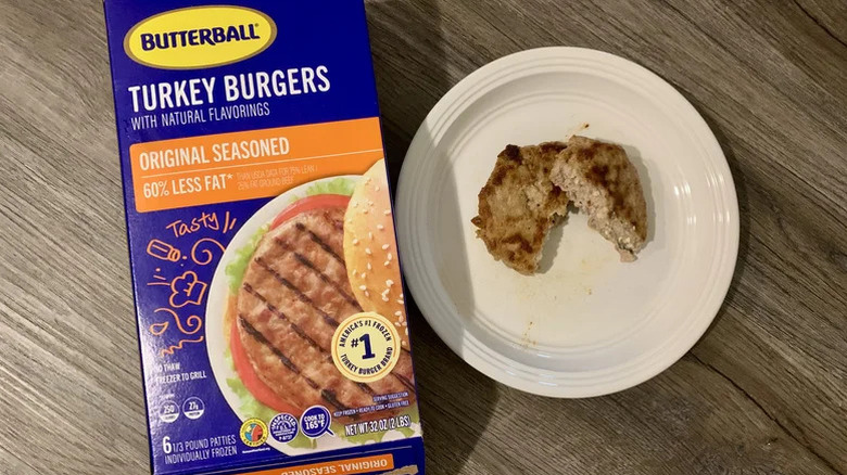 Butterball Turkey Burger on a plate beside the box