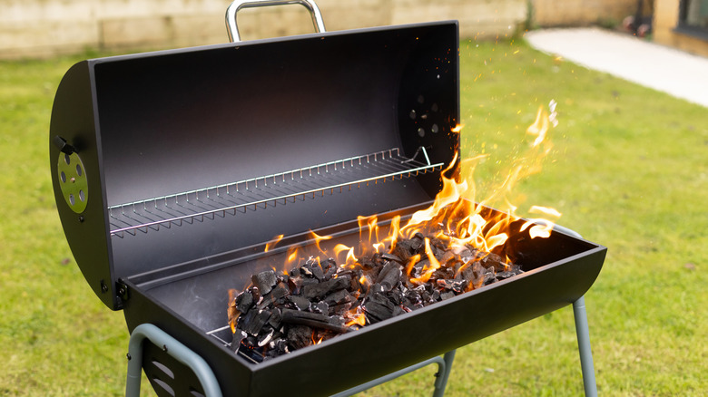 Grill with flaming coals loaded to one side