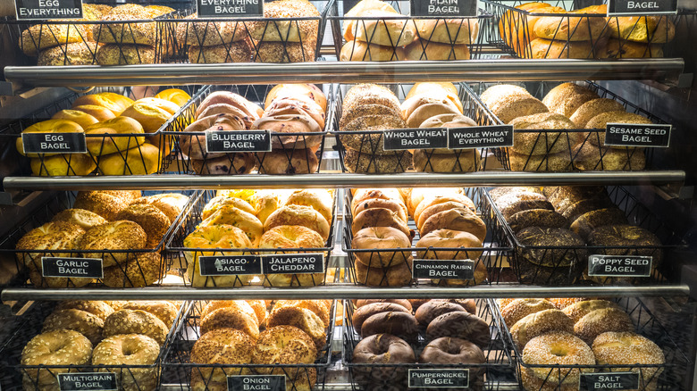 a shelf of bagels at a bagel shop in new york city