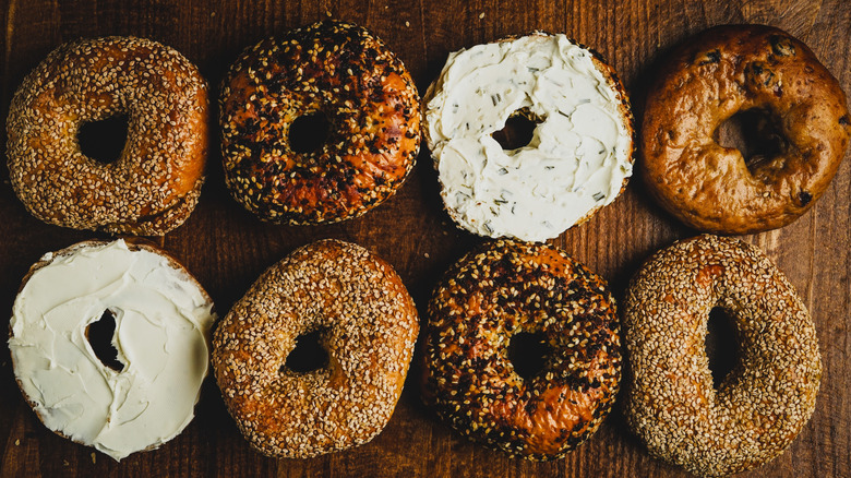multiple bagels with cream cheese