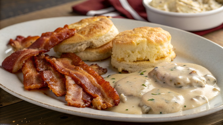 Biscuits and gravy on plate
