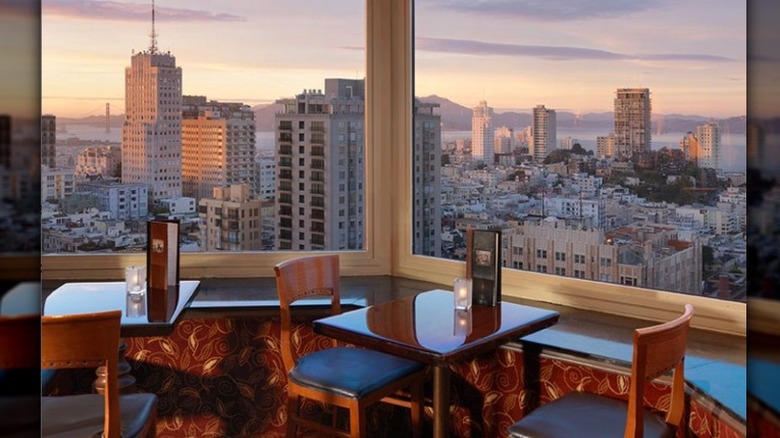 Bar tables with panoramic city views