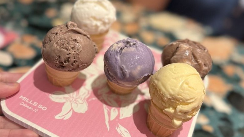 Hand holding tray with ice cream flight containing five different flavors