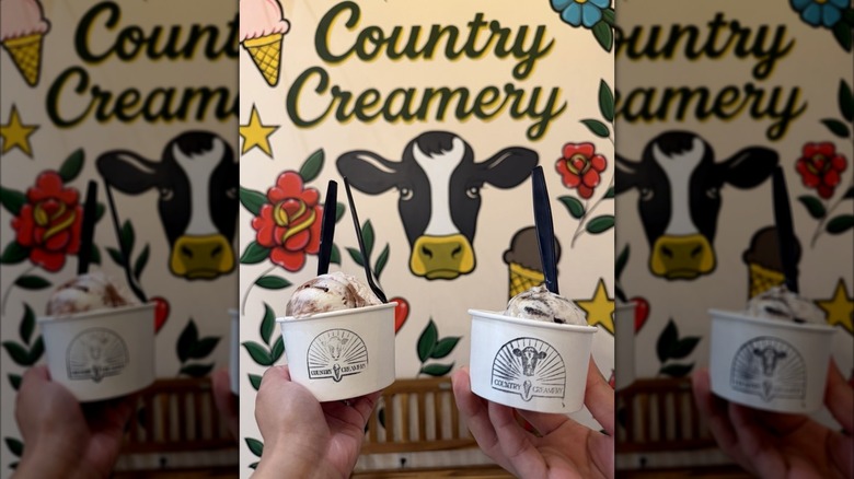Two hands holding two cups of ice cream in front of Country Creamery mural
