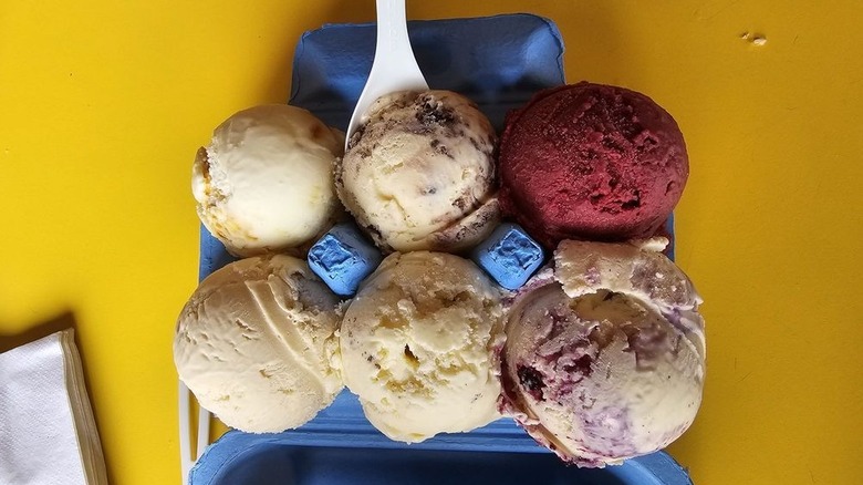 Flight of ice cream with six flavors in egg carton