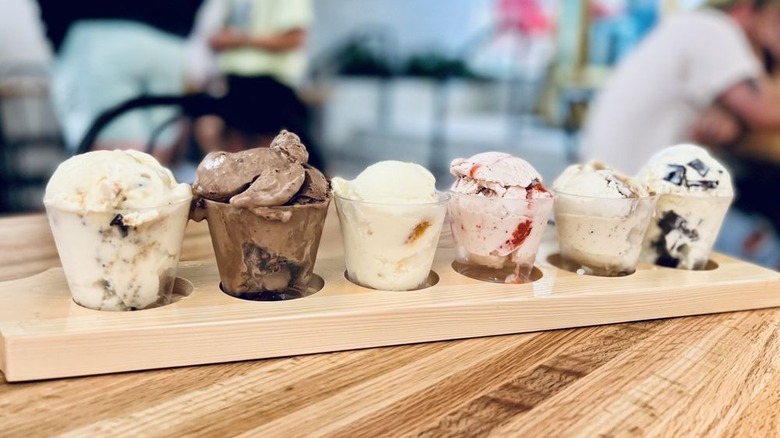 Flight with six different flavors of ice cream